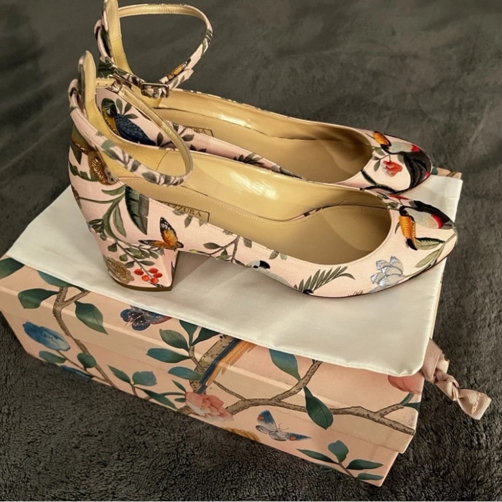 Aquazurra x de Gournay Jacquard Pink Mid Pumps Size 39/9